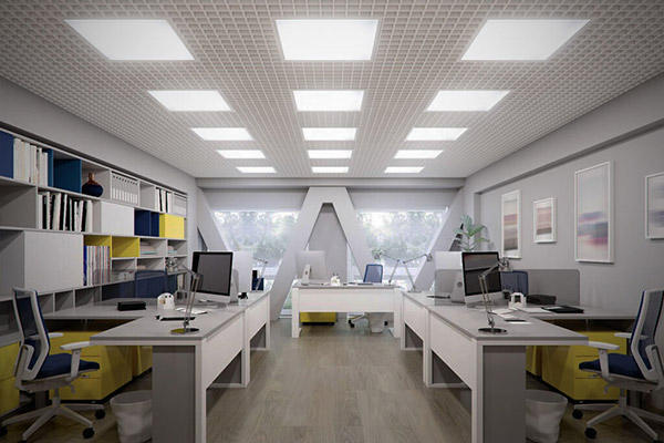 office with large W on wall with well done electrical work