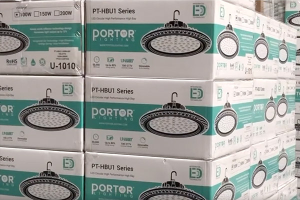 portor lighting lights in boxes in castillo warehouse